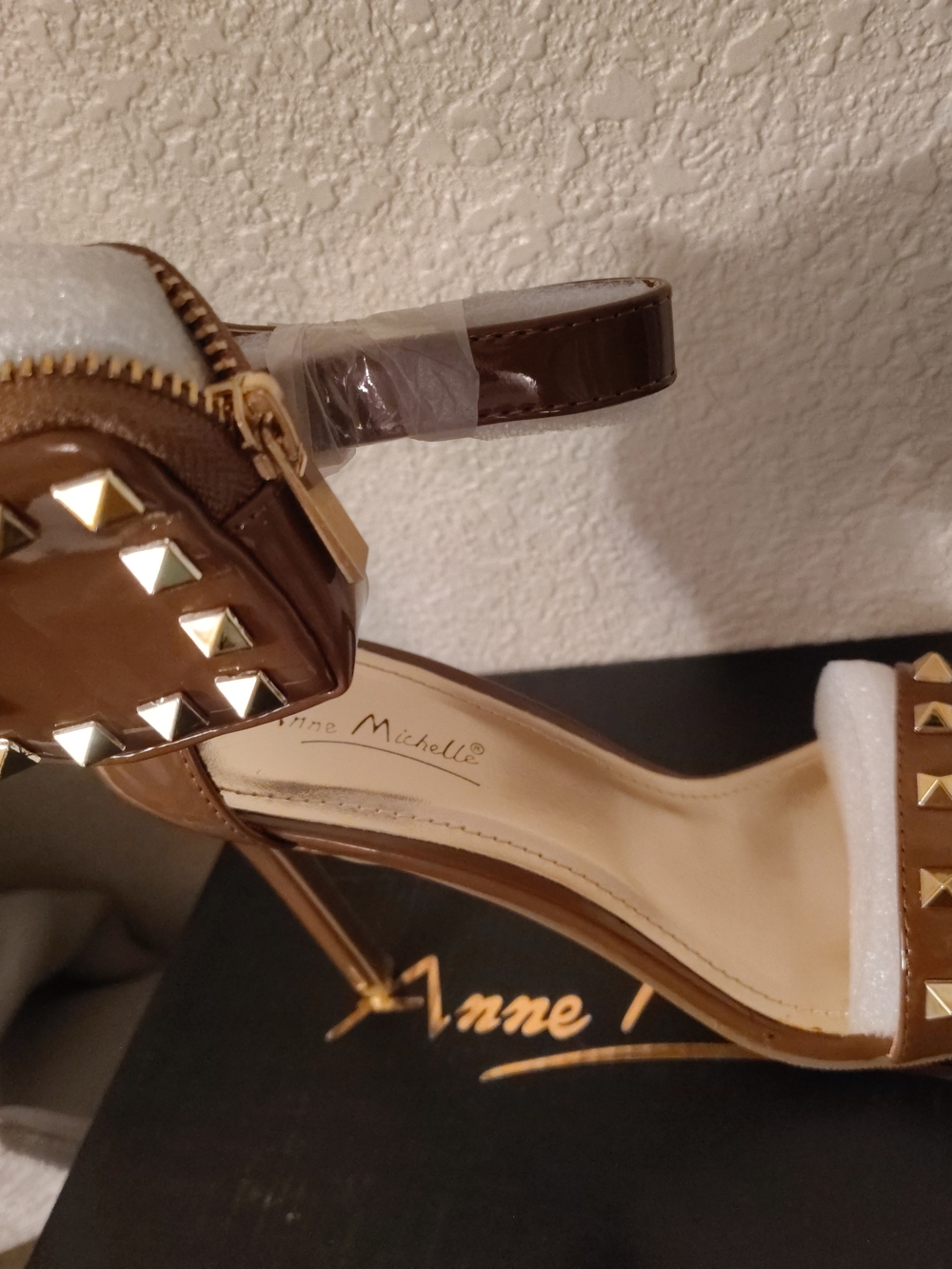 Anne Michelle Brown Gold-Stud Ankle-Strap Heels
